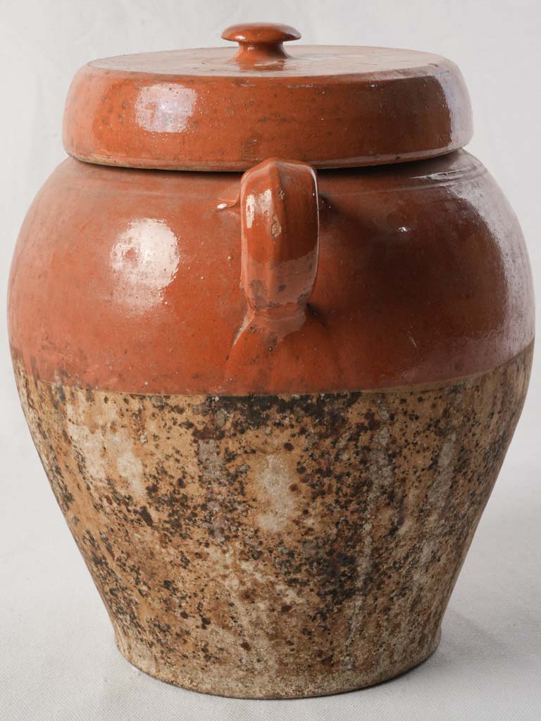 Antique French Confit Pot w/ Rare Surviving Lid and Warm Orange Glaze - 12½"