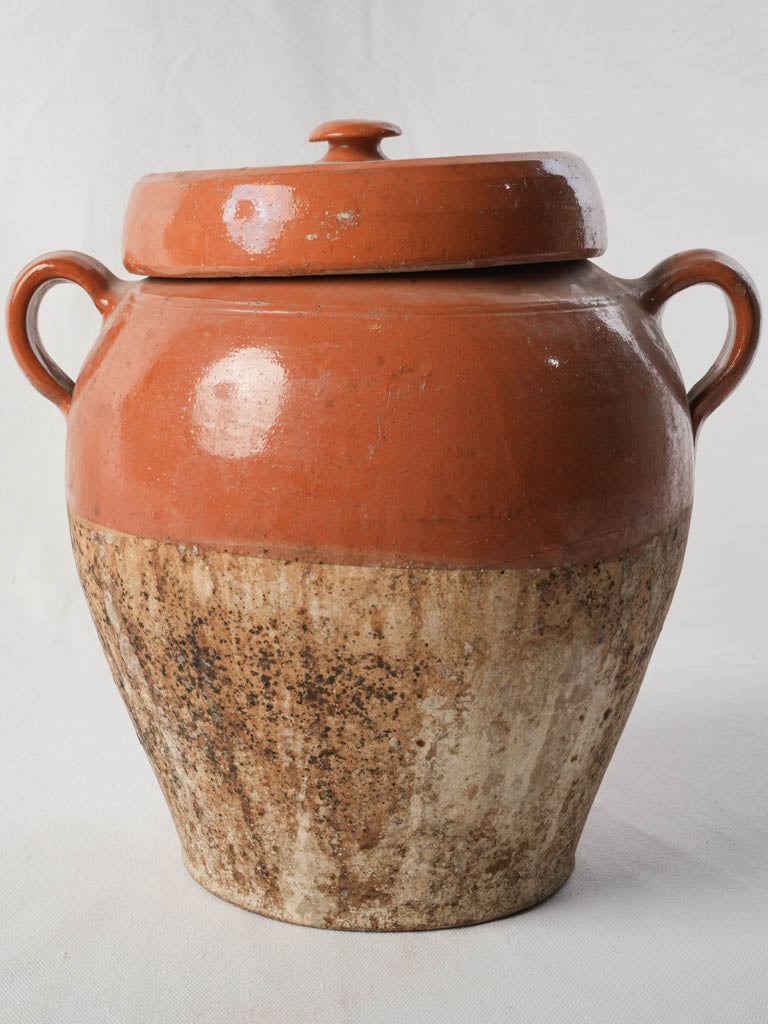 Antique French Confit Pot w/ Rare Surviving Lid and Warm Orange Glaze - 12½"