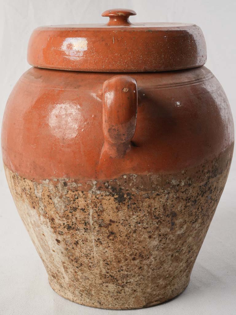 Antique French Confit Pot w/ Rare Surviving Lid and Warm Orange Glaze - 12½"