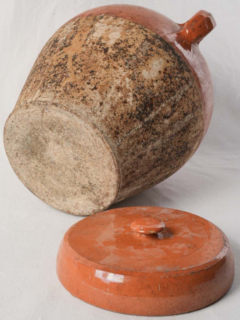 Antique French Confit Pot w/ Rare Surviving Lid and Warm Orange Glaze - 12½"