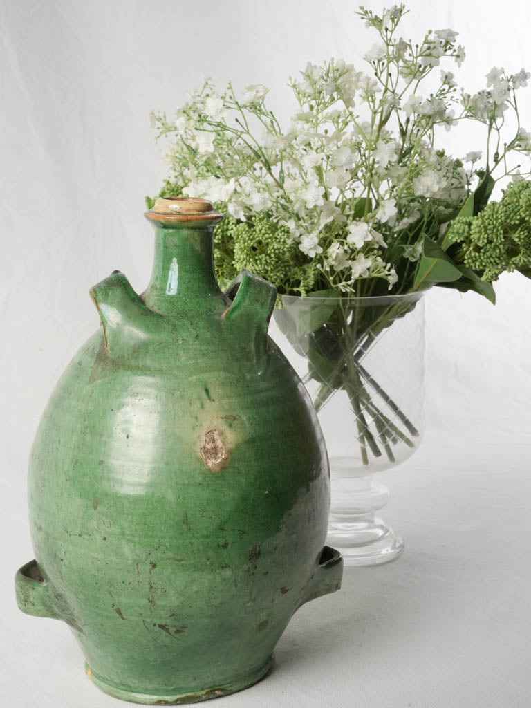 19th-Century French Conscience Terracotta Jug in Apple- Green Glaze - 15"