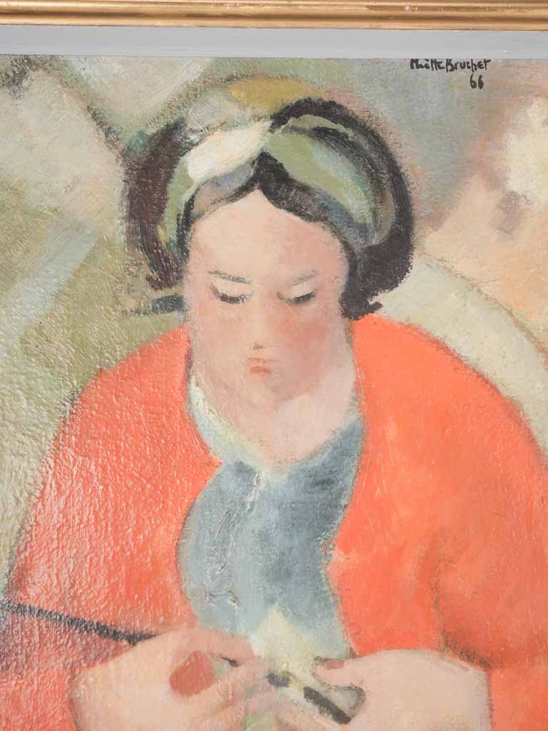 Vintage portrait or a lady knitting - Miette Bruchet  1966 - 38½" x 30"