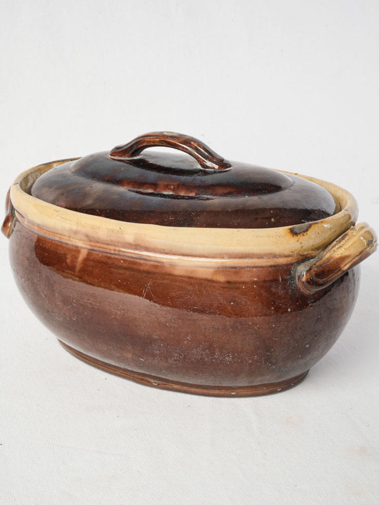 Antique French Lidded Tureen, Oval, Brown Glaze - 8" x 13½"