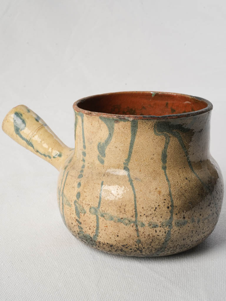 Antique Petite Vallauris Terracotta Saucepan w/ Blue Jaspé Decoration - 5"