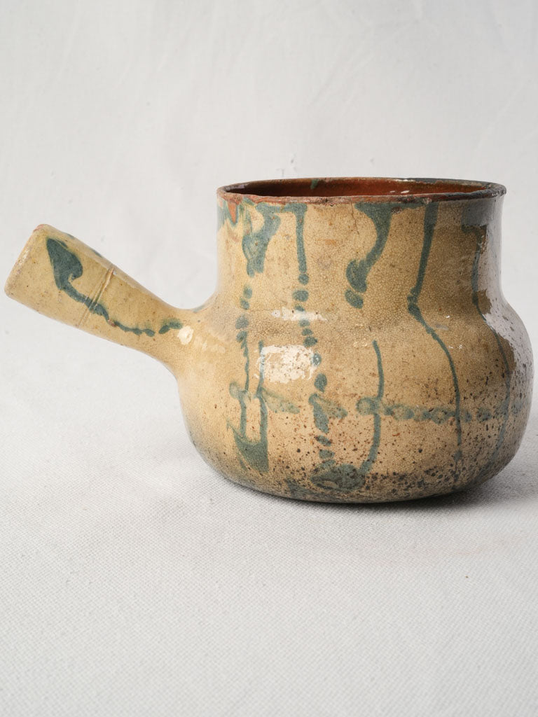 Antique Petite Vallauris Terracotta Saucepan w/ Blue Jaspé Decoration - 5"
