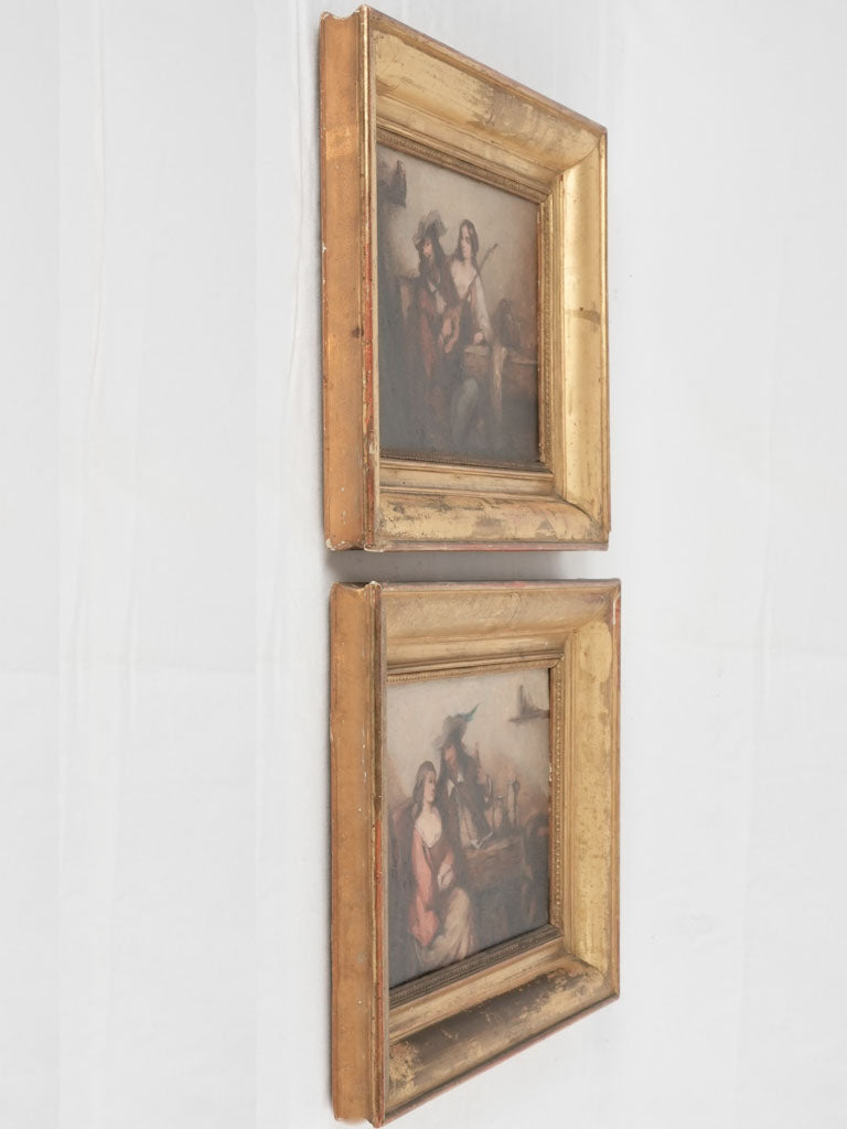 Two paintings of couples drinking - Cornille 1940s - 15¾" x 19¾"