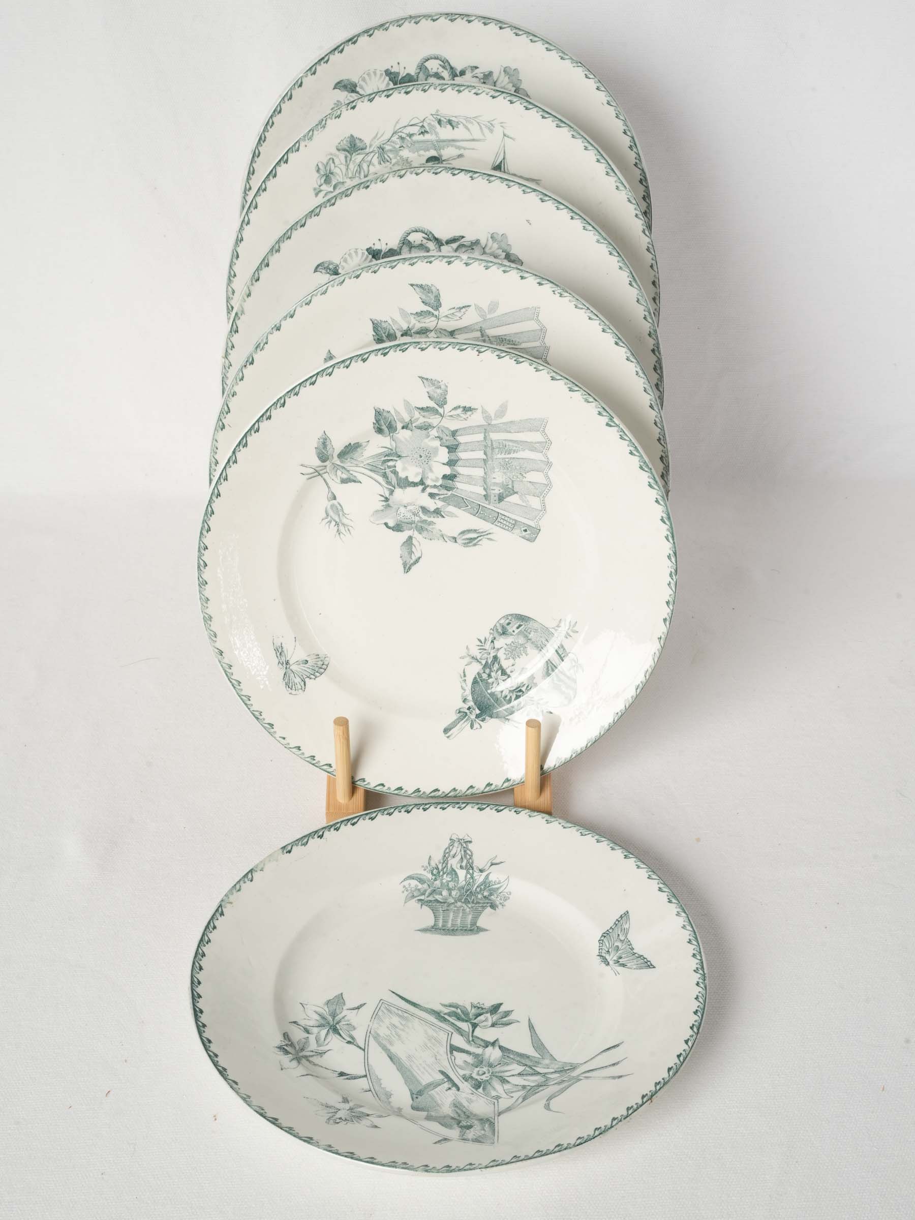 Vintage sage-green transferware dinner plates  