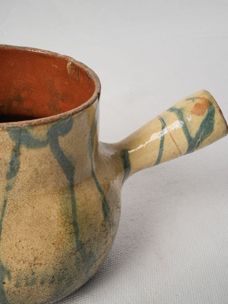 Antique Petite Vallauris Terracotta Saucepan w/ Blue Jaspé Decoration - 5"