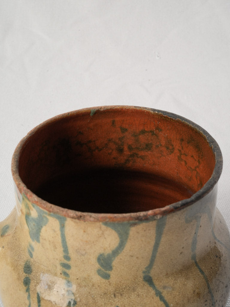 Antique Petite Vallauris Terracotta Saucepan w/ Blue Jaspé Decoration - 5"