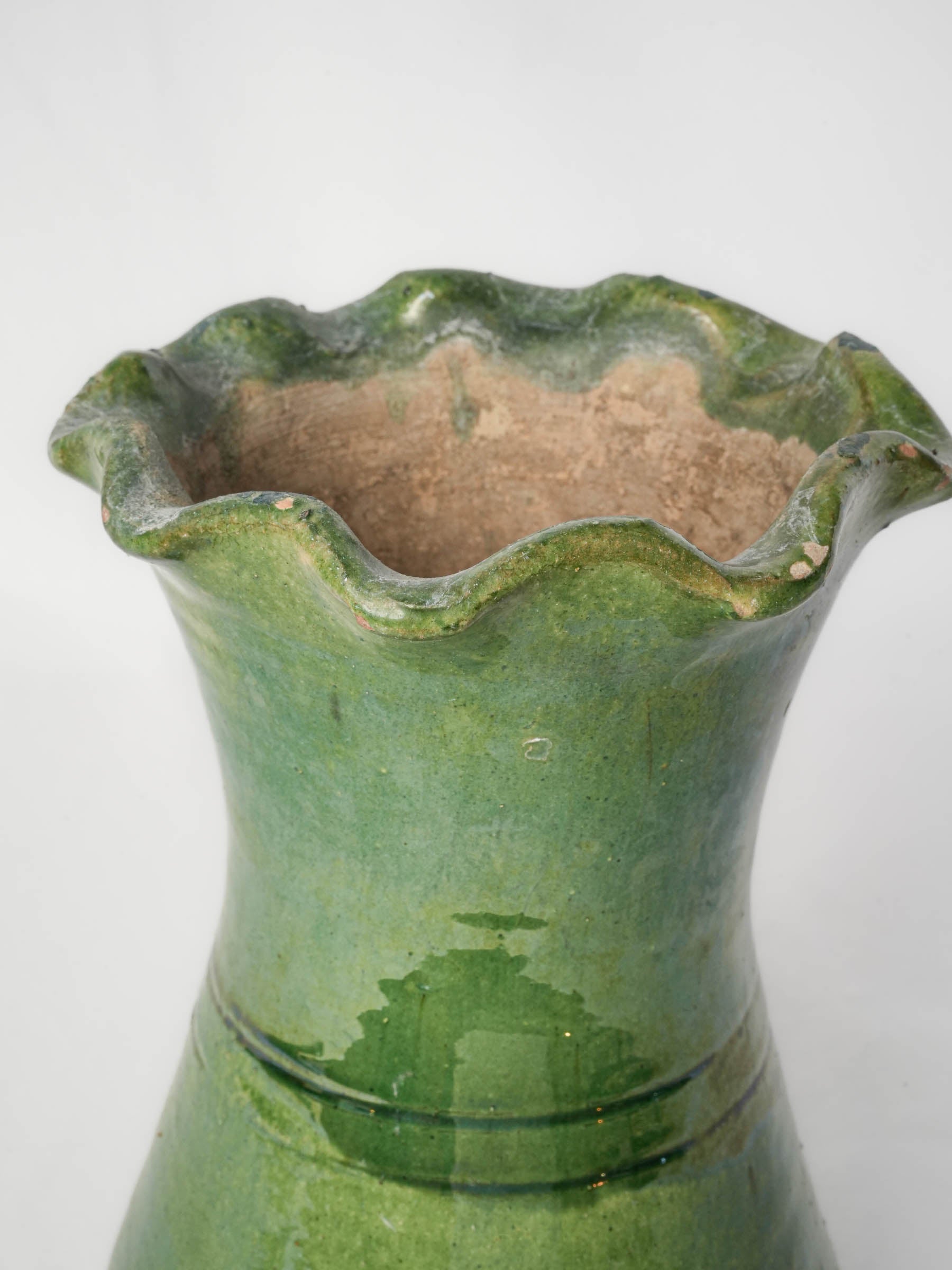 Castelnaudary Green-Glazed Terracotta Vase w/ Ruffled Rim, Early 20th Century - 9"