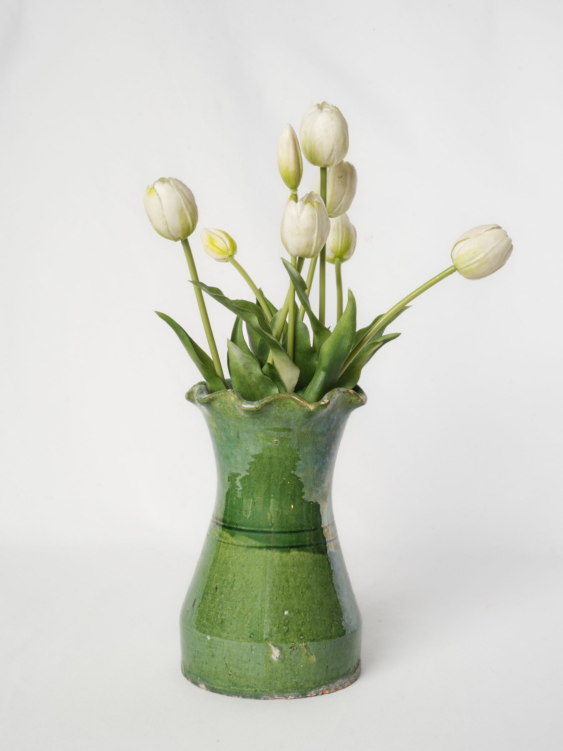 Castelnaudary Green-Glazed Terracotta Vase w/ Ruffled Rim, Early 20th Century - 9"
