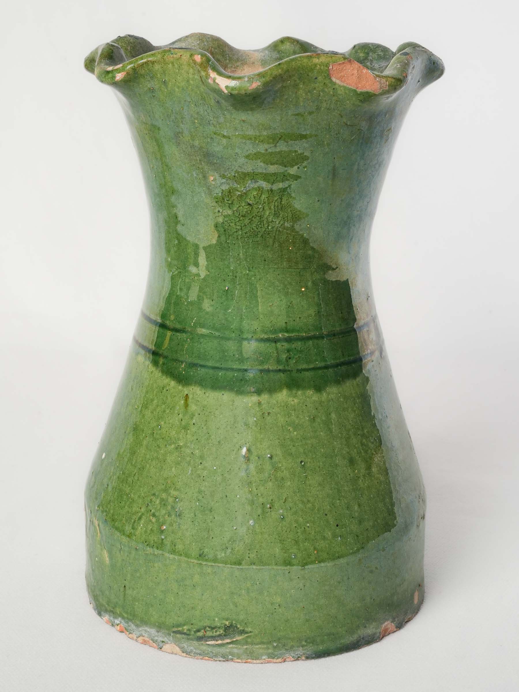 Castelnaudary Green-Glazed Terracotta Vase w/ Ruffled Rim, Early 20th Century - 9"