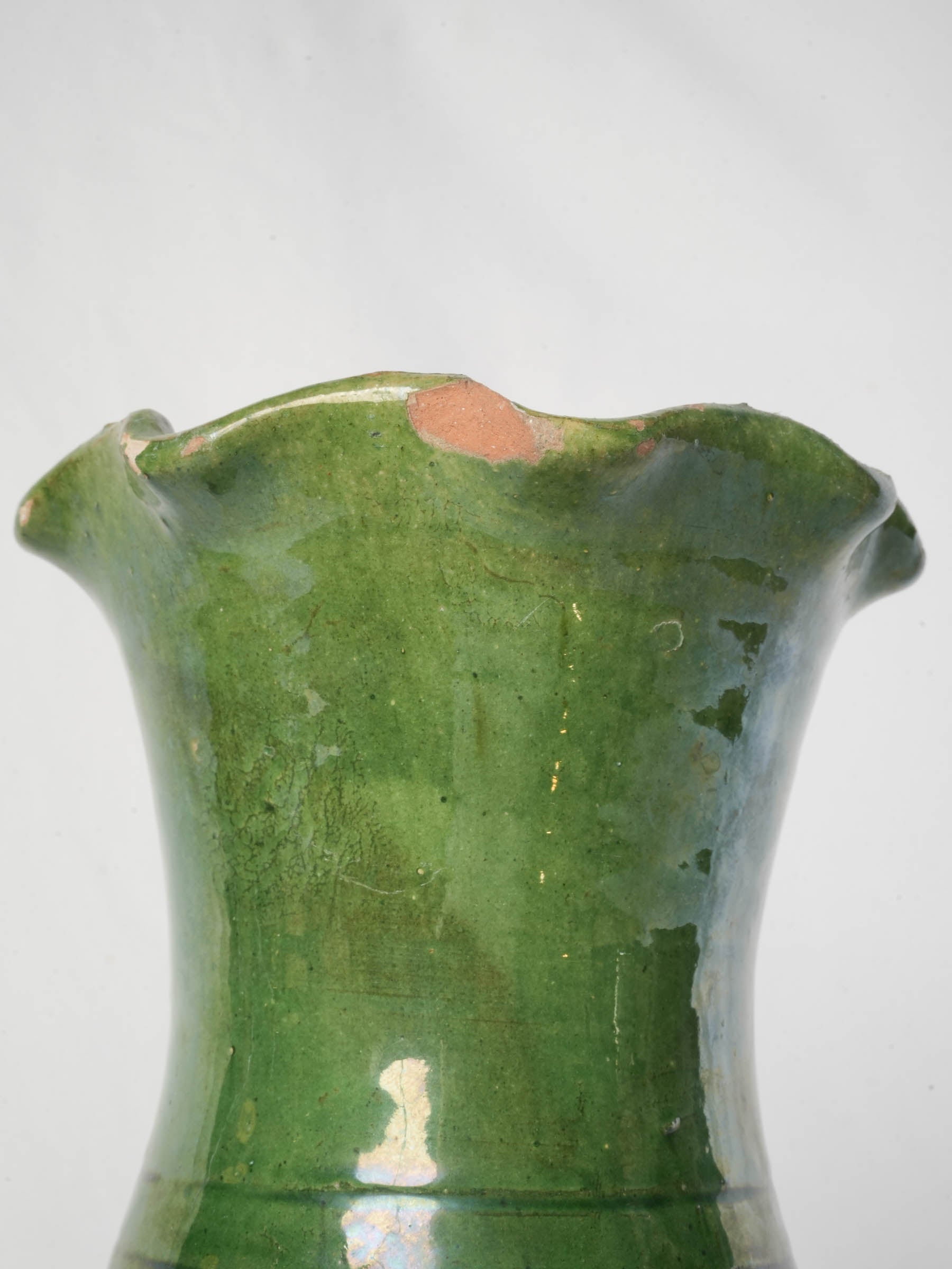 Castelnaudary Green-Glazed Terracotta Vase w/ Ruffled Rim, Early 20th Century - 9"