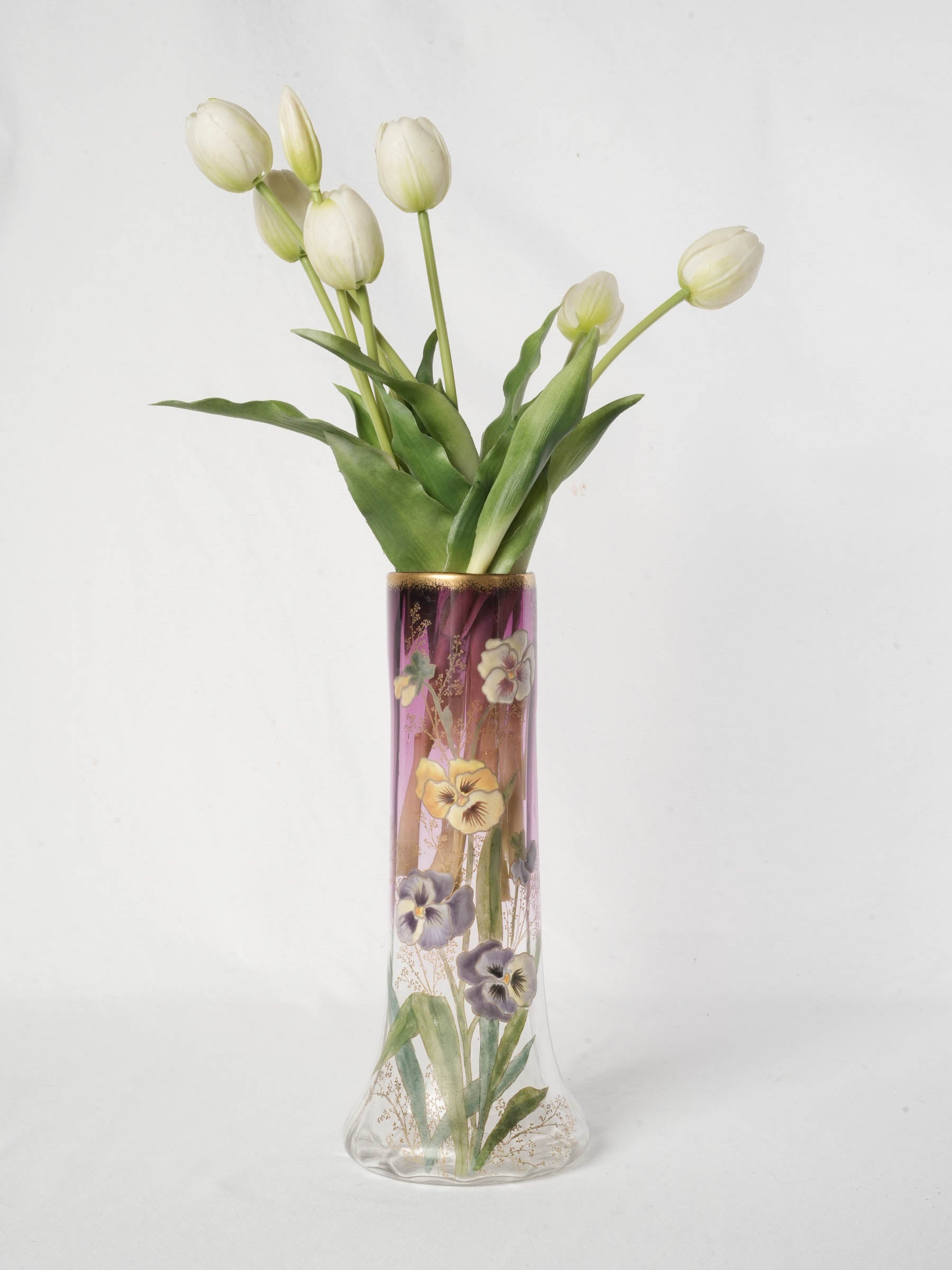 Art Nouveau Enamelled Glass Vase w/ Pansies - Legras - 11¾"