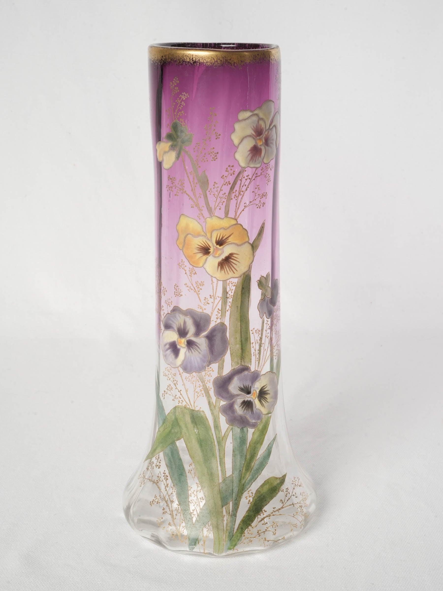 Art Nouveau Enamelled Glass Vase w/ Pansies - Legras - 11¾"