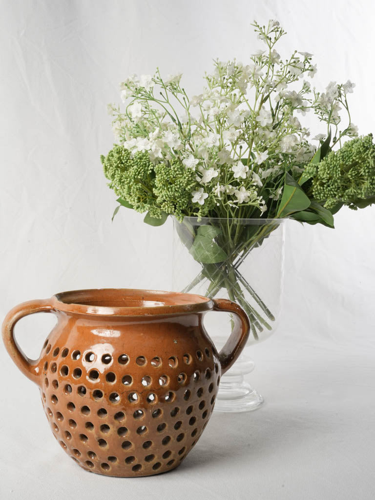 Unusual French Glazed Terracotta Pot w/ Pierced Body - 7½"