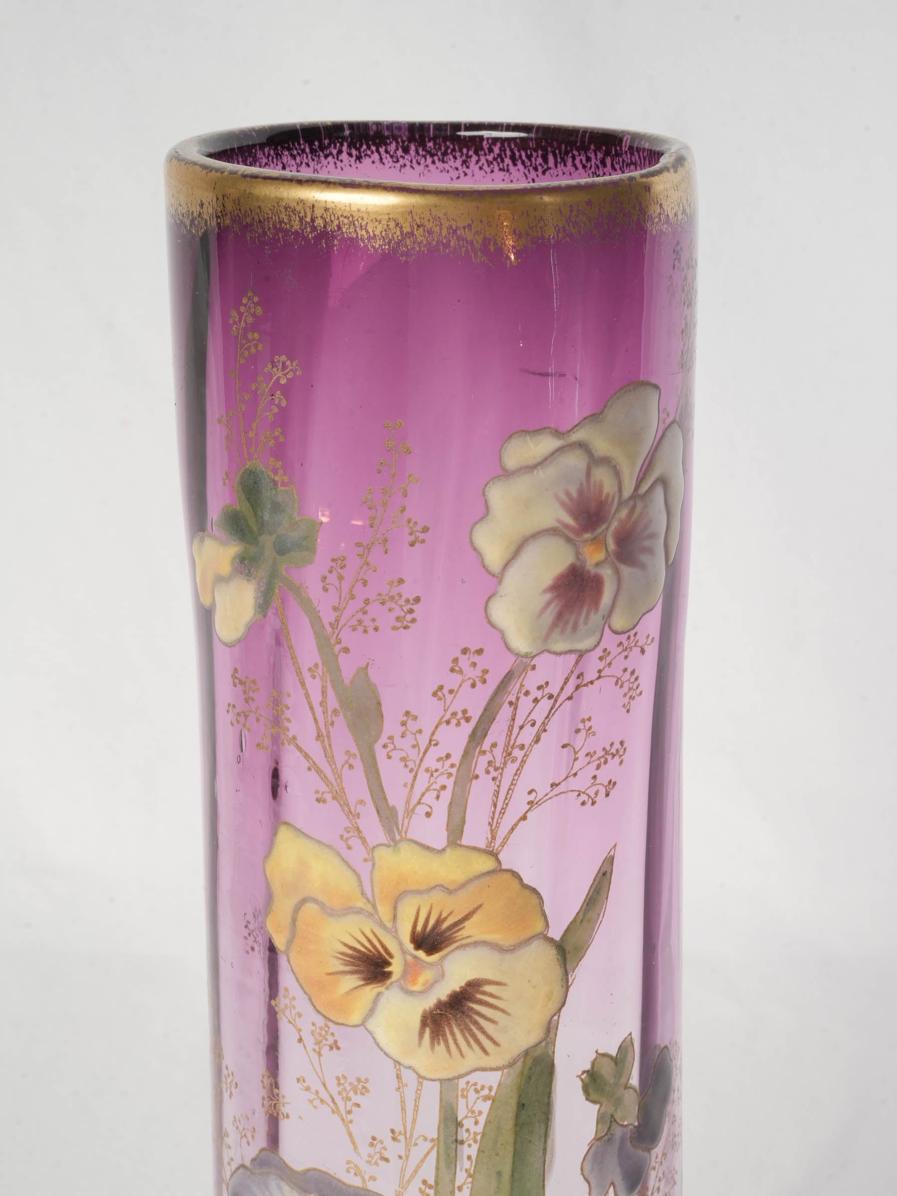 Art Nouveau Enamelled Glass Vase w/ Pansies - Legras - 11¾"