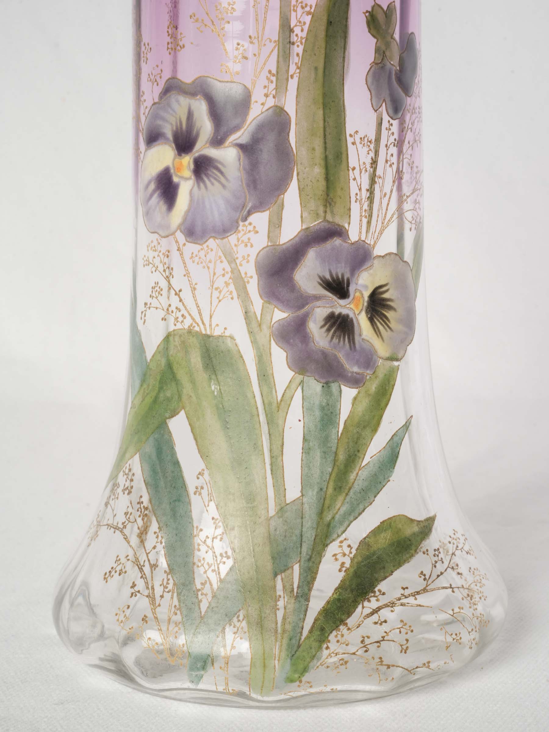 Art Nouveau Enamelled Glass Vase w/ Pansies - Legras - 11¾"