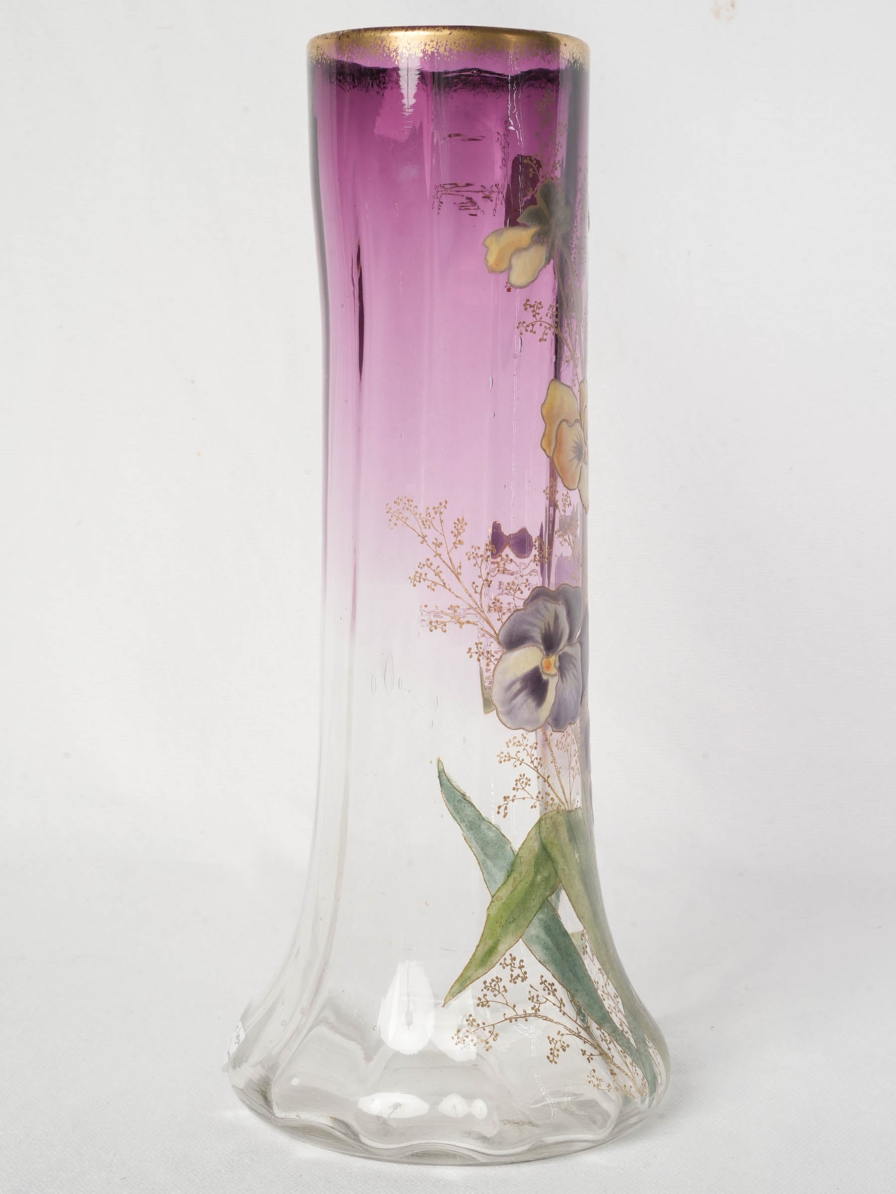 Art Nouveau Enamelled Glass Vase w/ Pansies - Legras - 11¾"