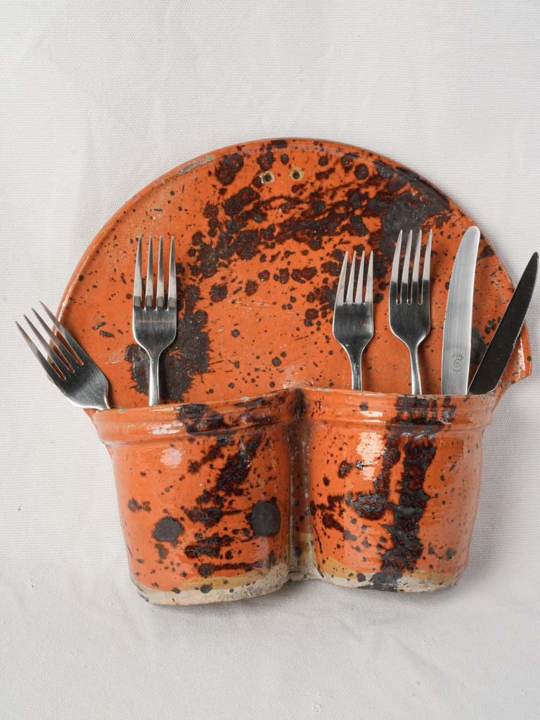 Wall-Mounted Glazed Terracotta Cutlery Strainer w/ Abstract Splatter Decoration c. 1900 - 11¾"
