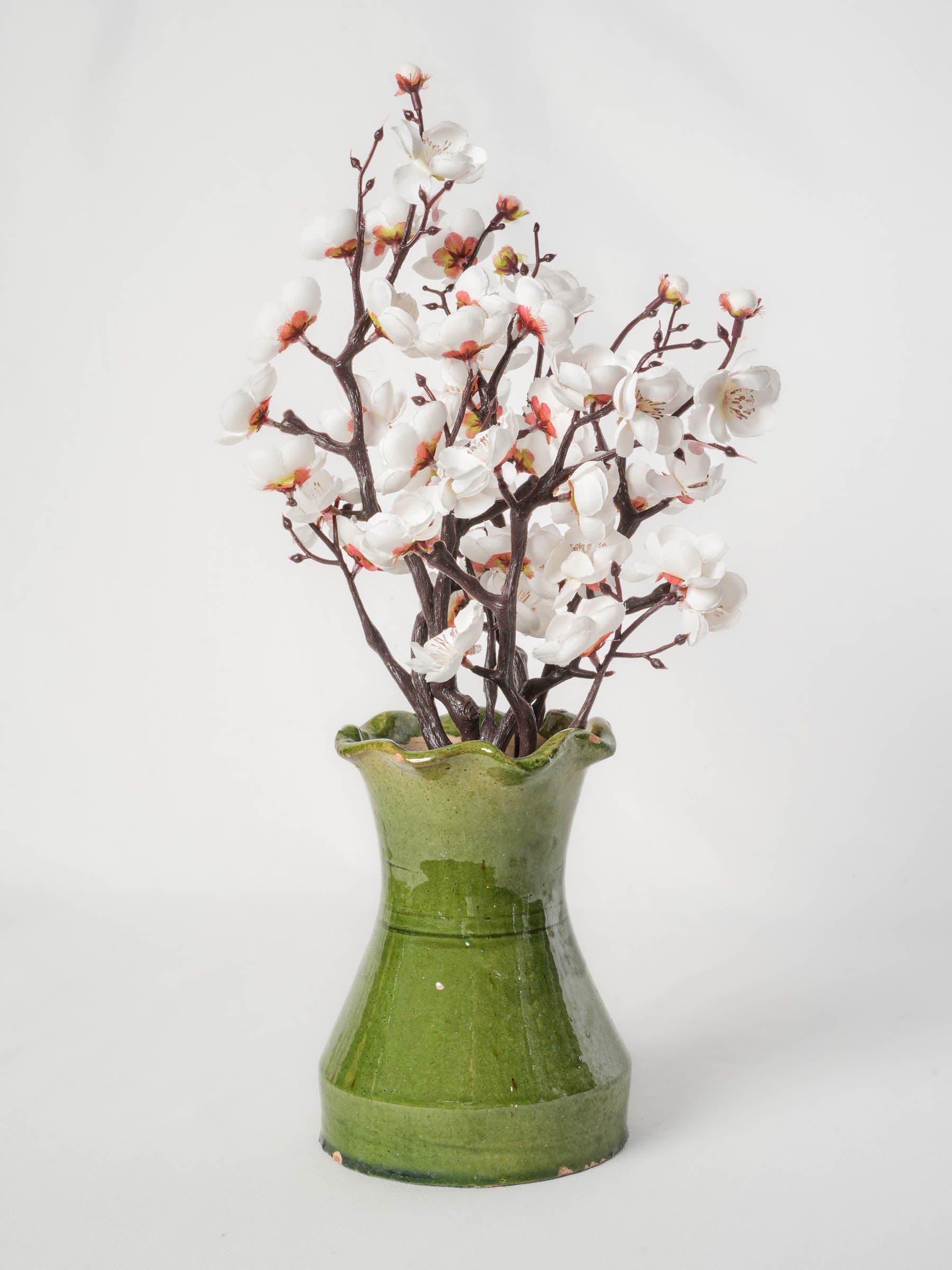 Petite Castelnaudary Olive-Green Glazed Terracotta Vase w/ Ruffled Rim, Early 20th Century - 7"