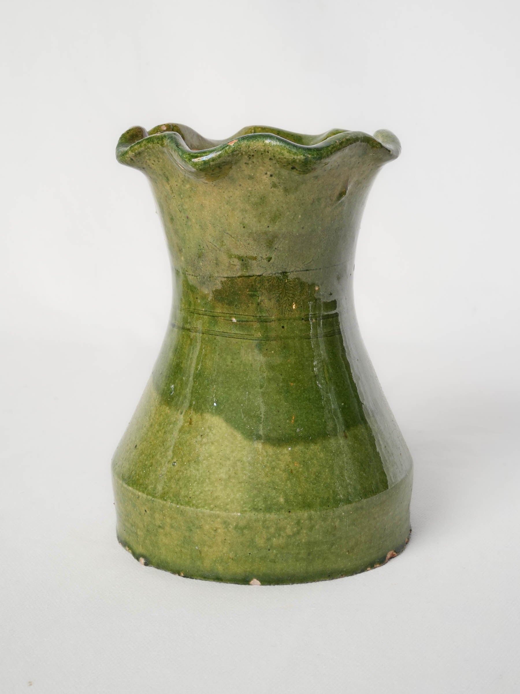Petite Castelnaudary Olive-Green Glazed Terracotta Vase w/ Ruffled Rim, Early 20th Century - 7"