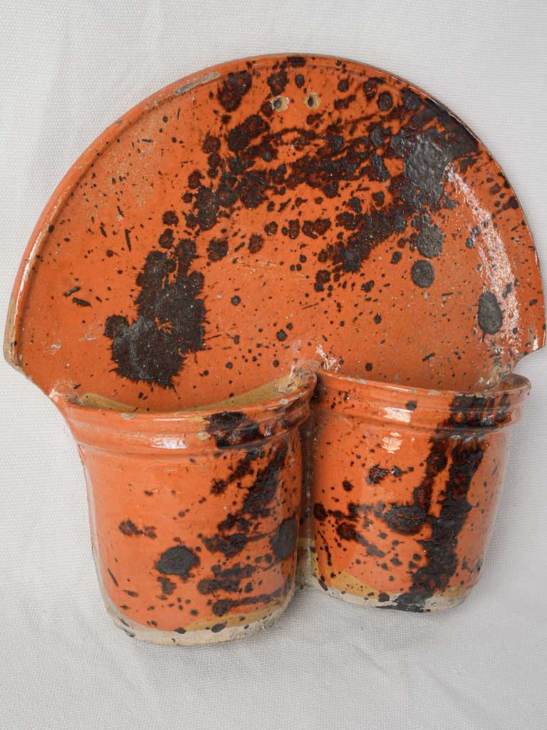Wall-Mounted Glazed Terracotta Cutlery Strainer w/ Abstract Splatter Decoration c. 1900 - 11¾"