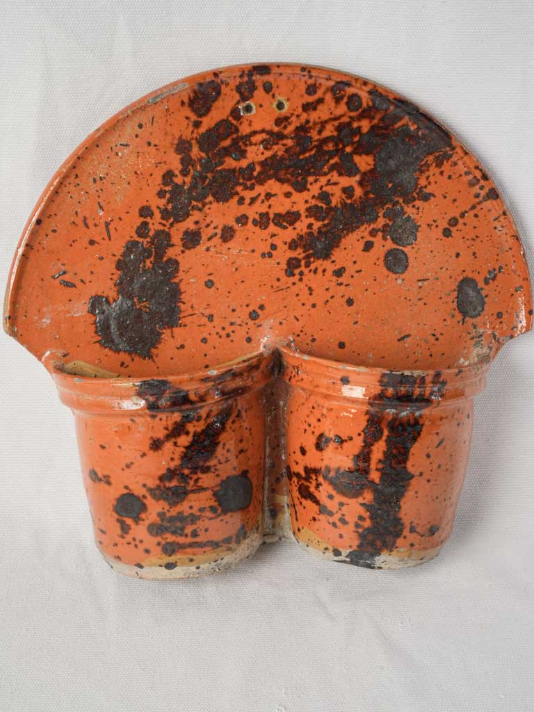 Wall-Mounted Glazed Terracotta Cutlery Strainer w/ Abstract Splatter Decoration c. 1900 - 11¾"