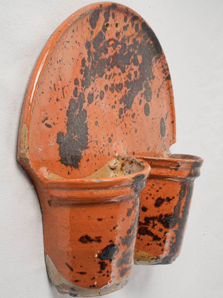 Wall-Mounted Glazed Terracotta Cutlery Strainer w/ Abstract Splatter Decoration c. 1900 - 11¾"