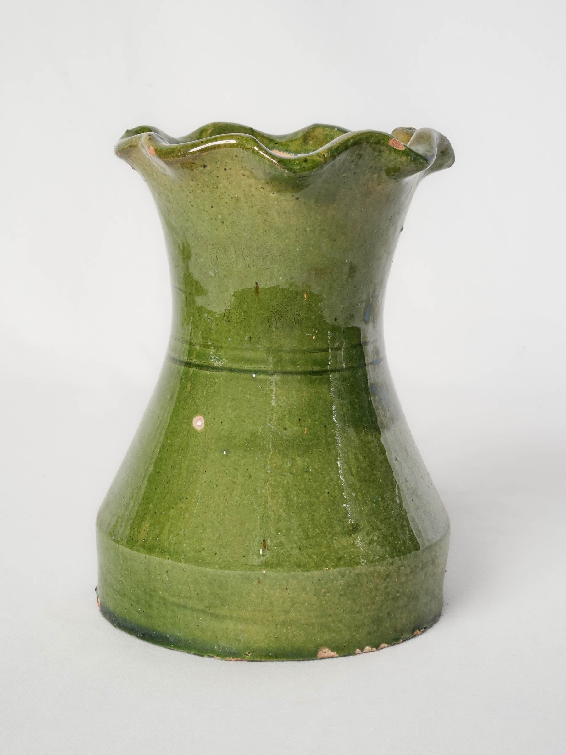 Petite Castelnaudary Olive-Green Glazed Terracotta Vase w/ Ruffled Rim, Early 20th Century - 7"