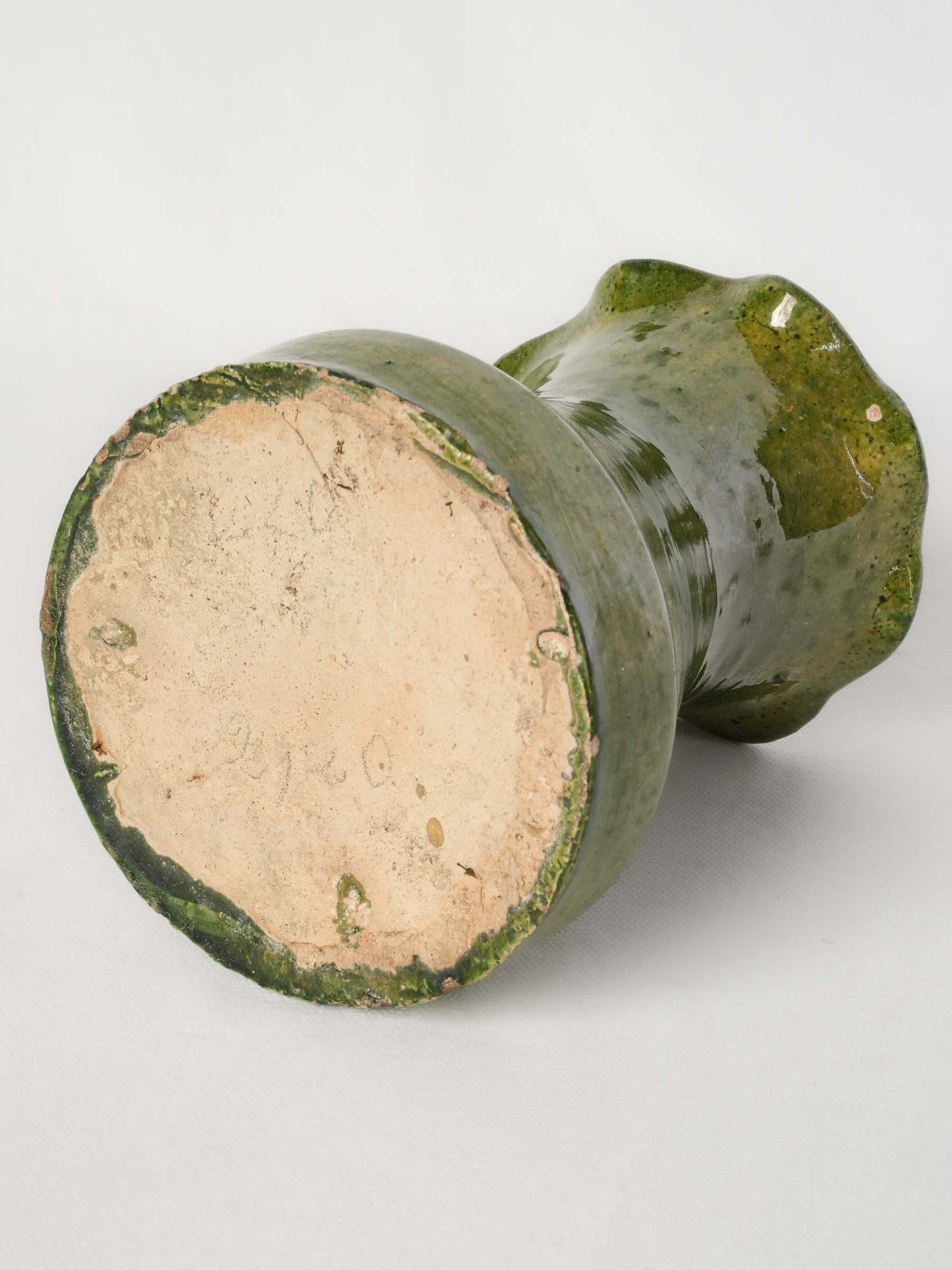 Petite Castelnaudary Olive-Green Glazed Terracotta Vase w/ Ruffled Rim, Early 20th Century - 7"
