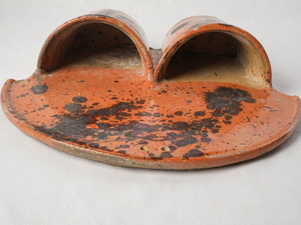 Wall-Mounted Glazed Terracotta Cutlery Strainer w/ Abstract Splatter Decoration c. 1900 - 11¾"