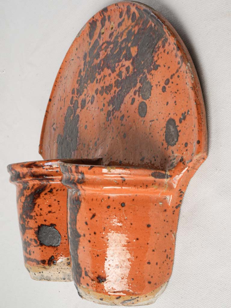 Wall-Mounted Glazed Terracotta Cutlery Strainer w/ Abstract Splatter Decoration c. 1900 - 11¾"