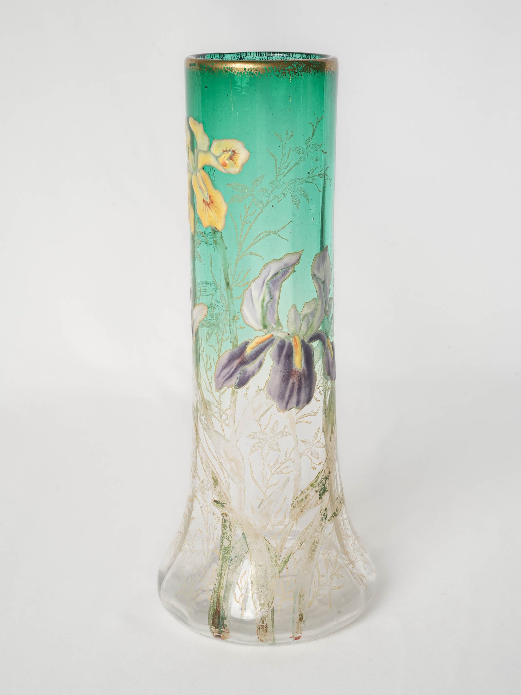 Art Nouveau Enamelled Glass Vase w/ Irises, Circa 1900 - 11¾"