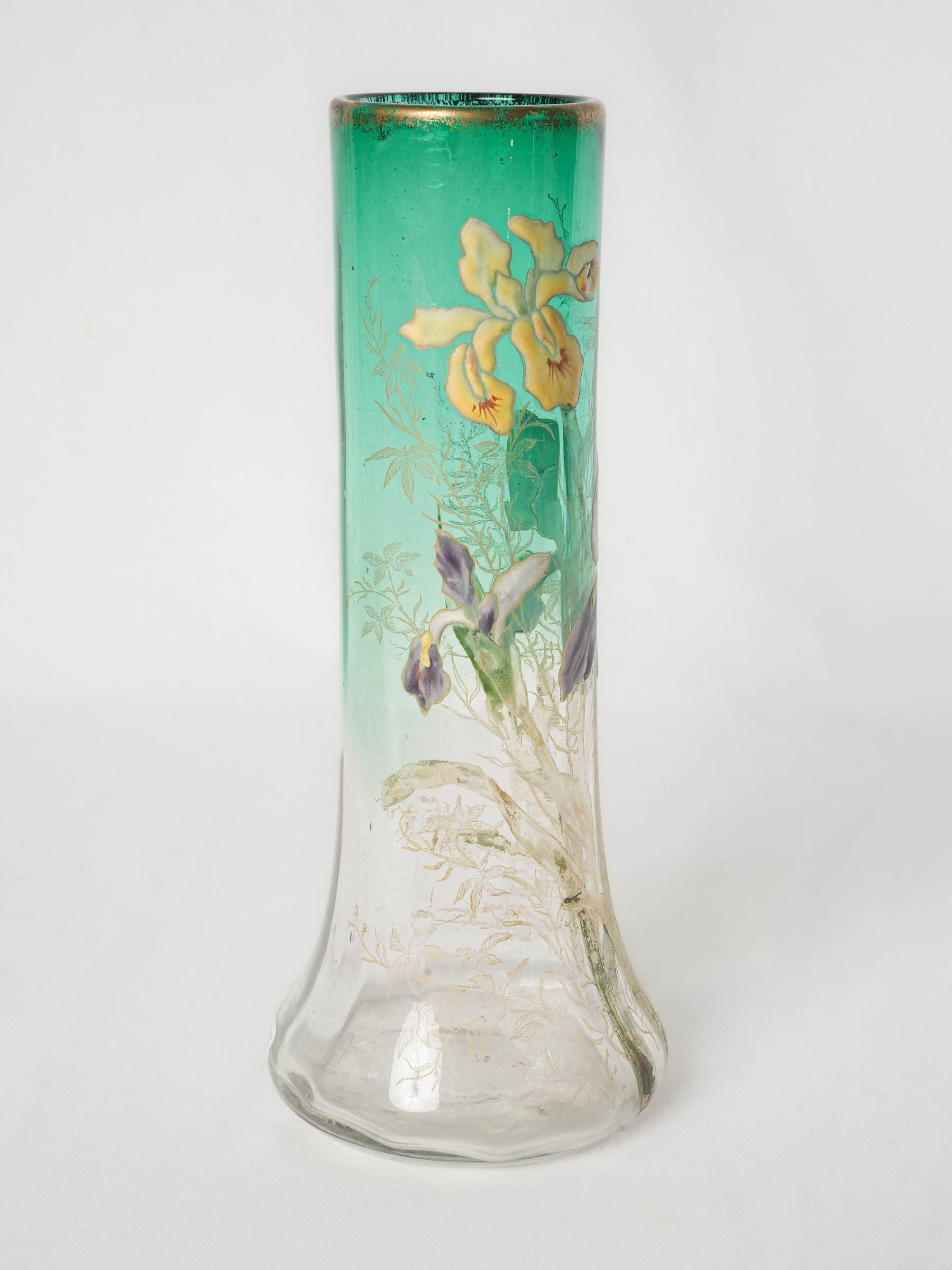 Art Nouveau Enamelled Glass Vase w/ Irises, Circa 1900 - 11¾"