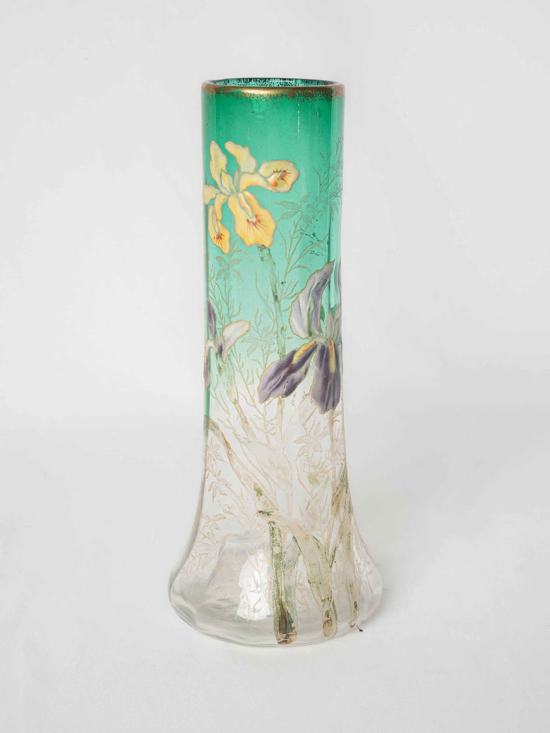 Art Nouveau Enamelled Glass Vase w/ Irises, Circa 1900 - 11¾"