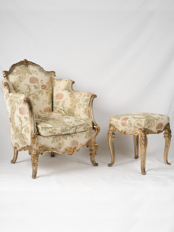 Large Louis XV style armchair w/ matching footrest - gilded w/ floral upholstery