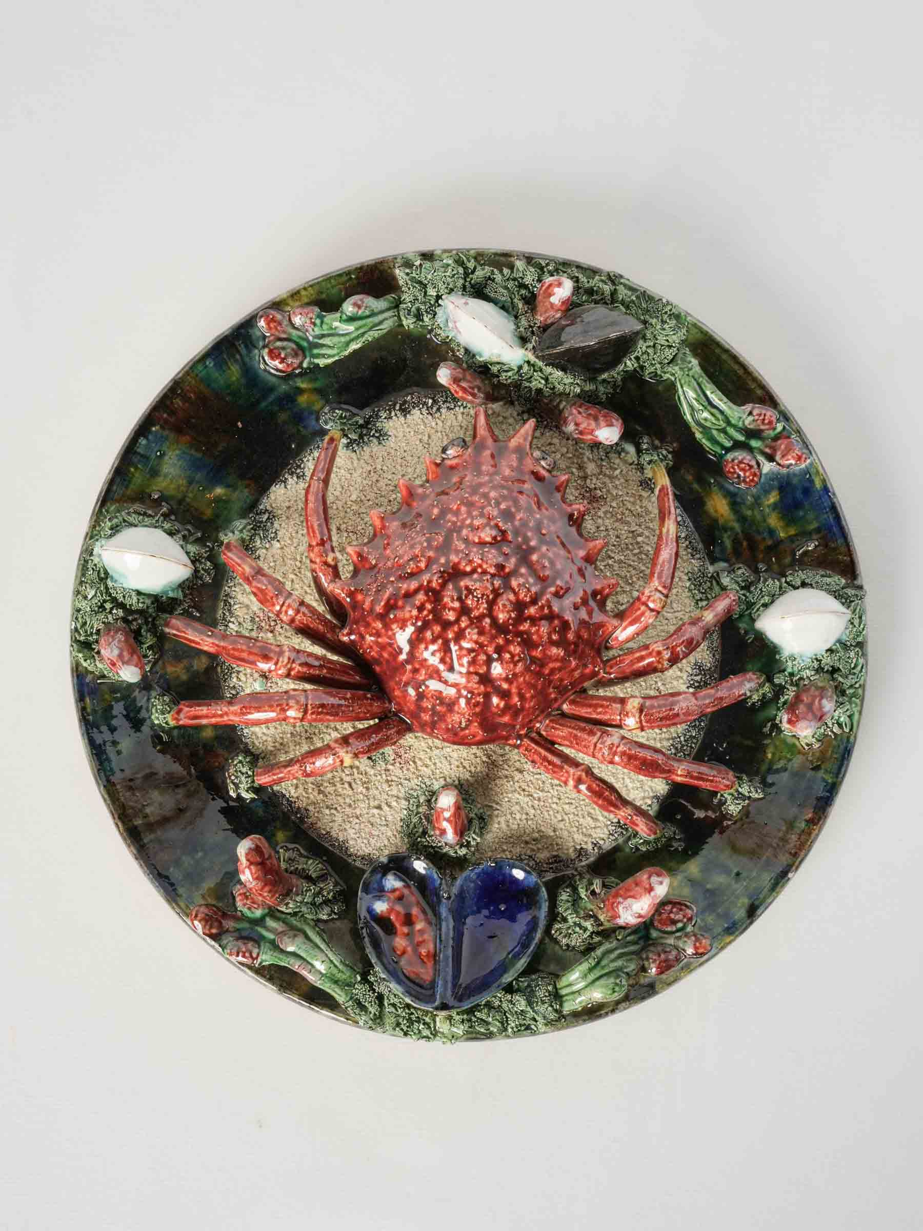 Portuguese Majolica Wall Charger w/ Crab and Shell Motif - 12½"