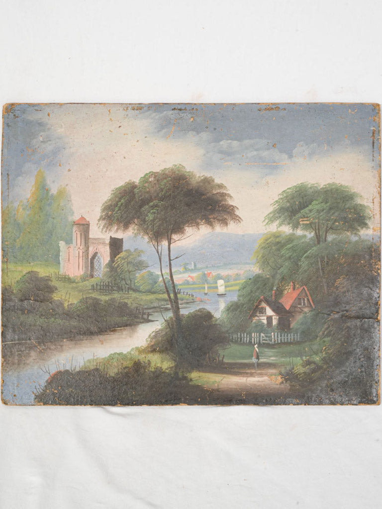 Mid-19th Century French School Oil on Panel w/ Romantic Riverside Landscape - 19¼" x 24½"