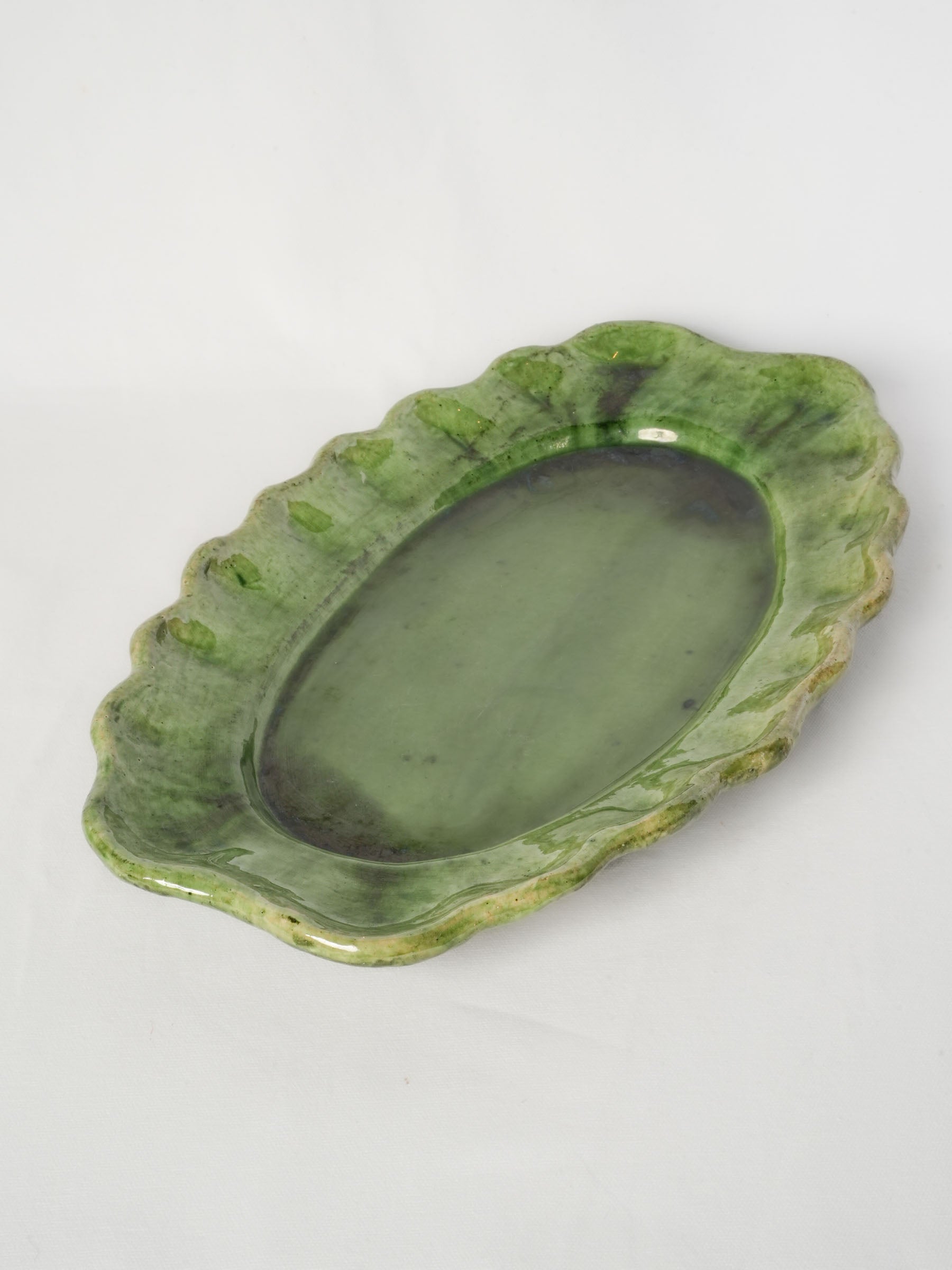 Large Green-Glazed Oval Serving Platter w/ Ruffled Rim, 1960s - 12½"