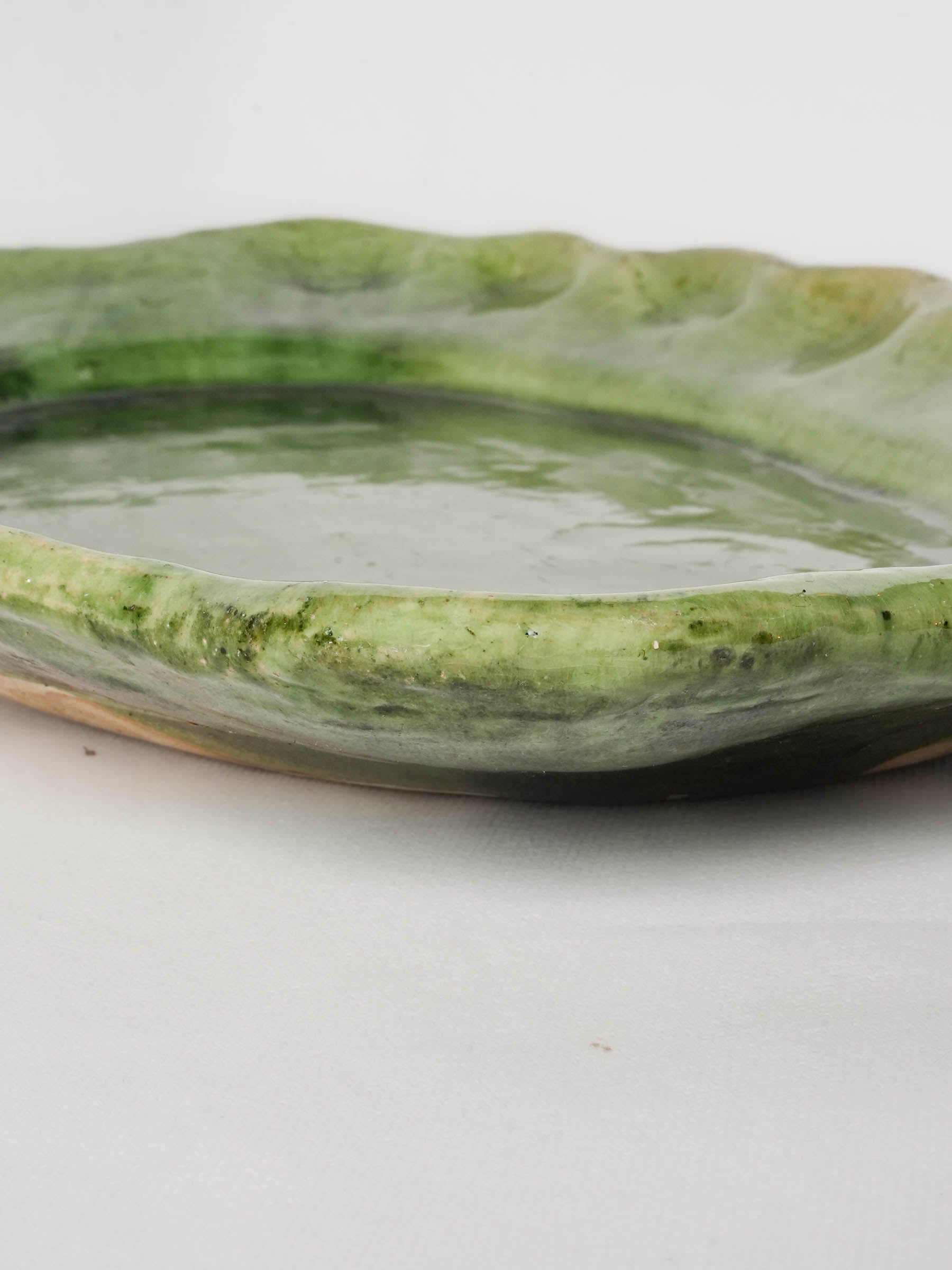 Large Green-Glazed Oval Serving Platter w/ Ruffled Rim, 1960s - 12½"