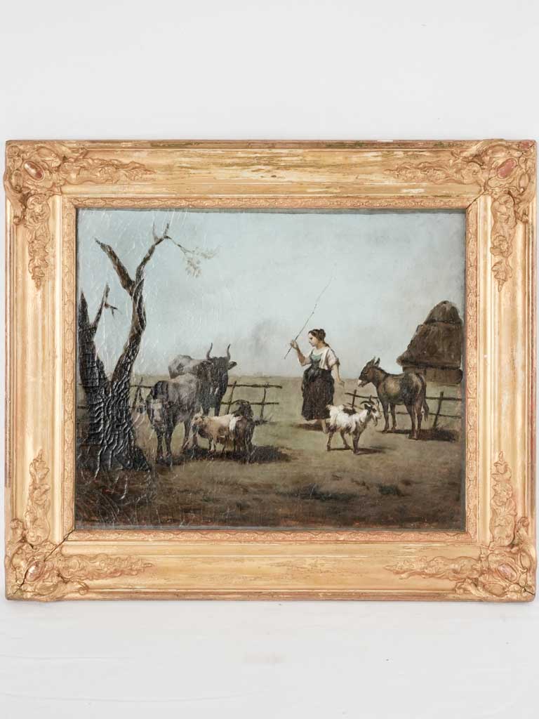 19th century painting of a shepherdess s w. goats, cows & donkey - Louis Robbe (1806-1897)- 20½ x 23¾"