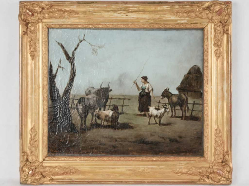 19th century painting of a shepherdess s w. goats, cows & donkey - Louis Robbe (1806-1897)- 20½ x 23¾"