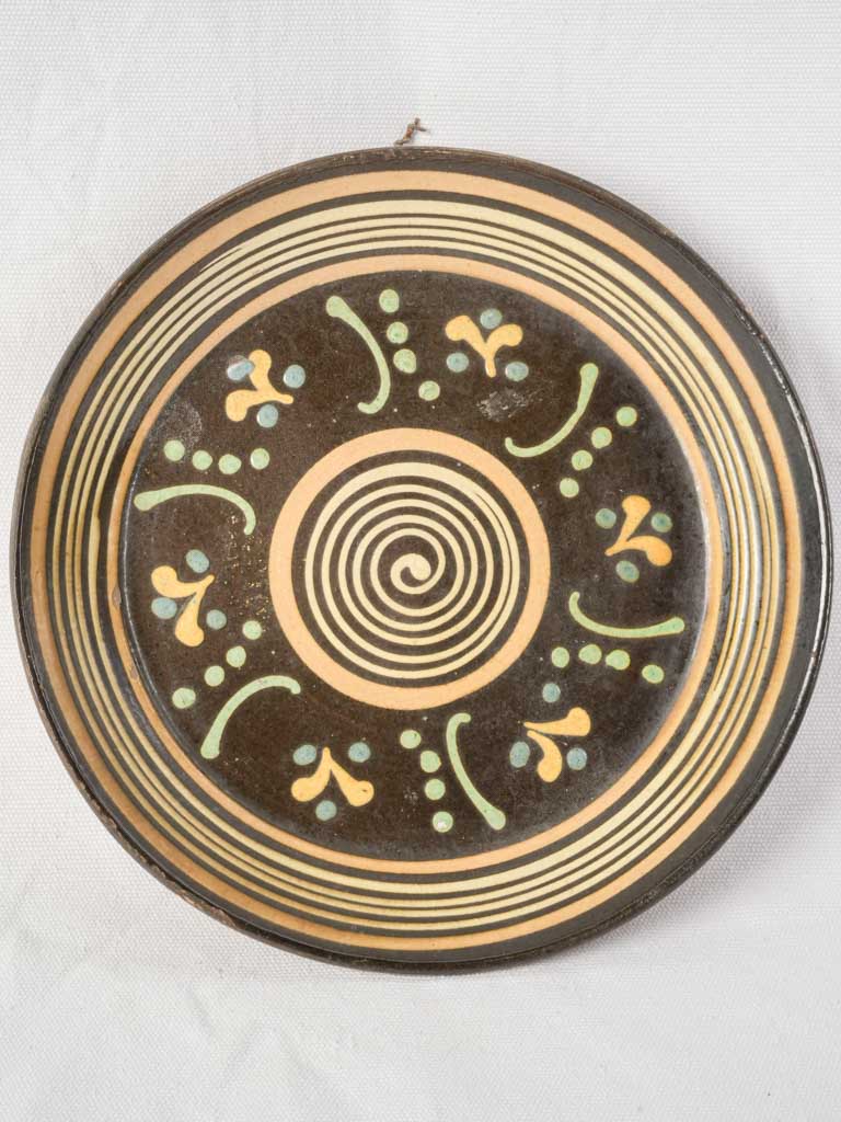 Antique Savoyard Wall-Hanging Platter w/ Graphic Spiral and Flowers - 10¾"