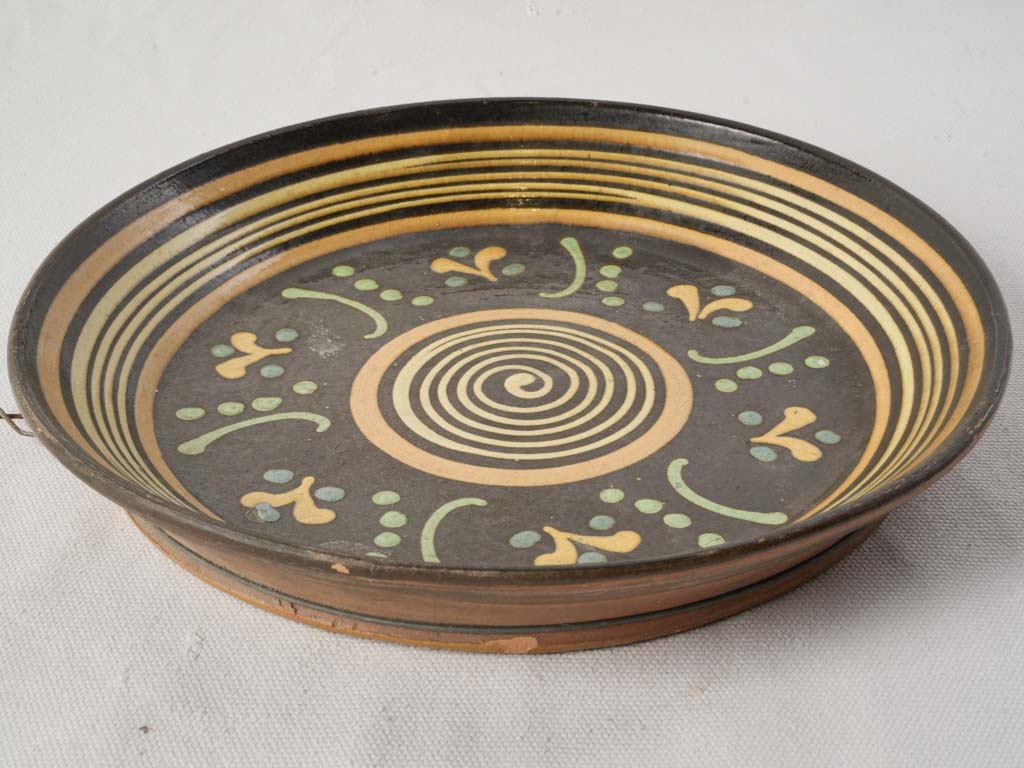 Antique Savoyard Wall-Hanging Platter w/ Graphic Spiral and Flowers - 10¾"