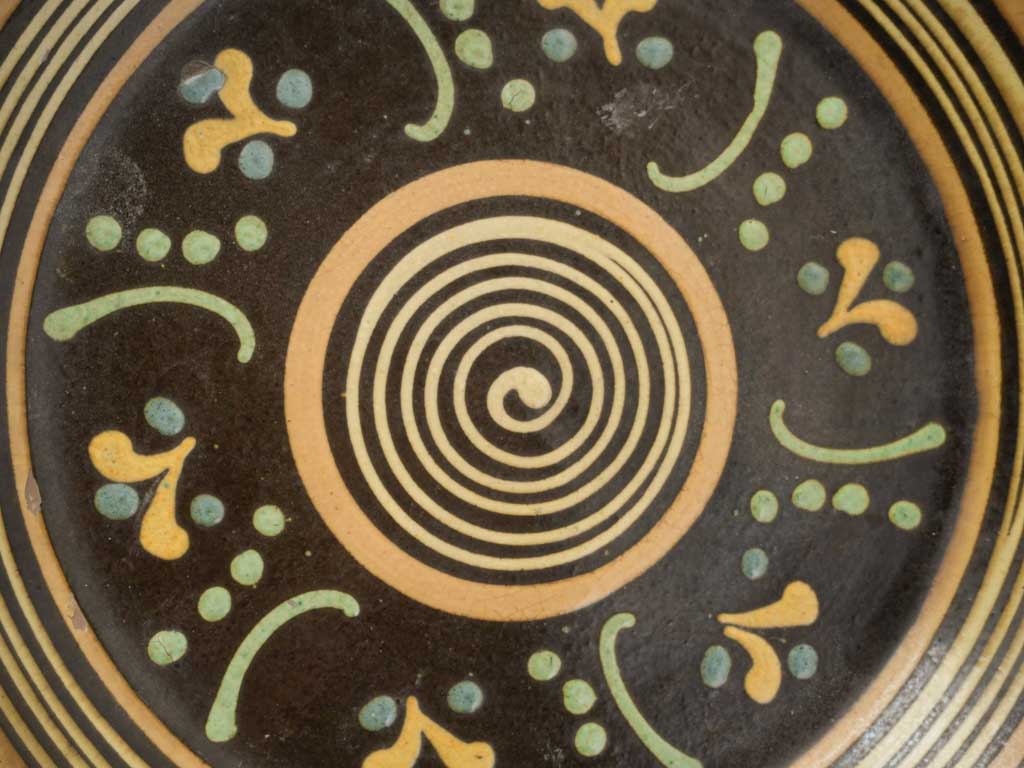 Antique Savoyard Wall-Hanging Platter w/ Graphic Spiral and Flowers - 10¾"