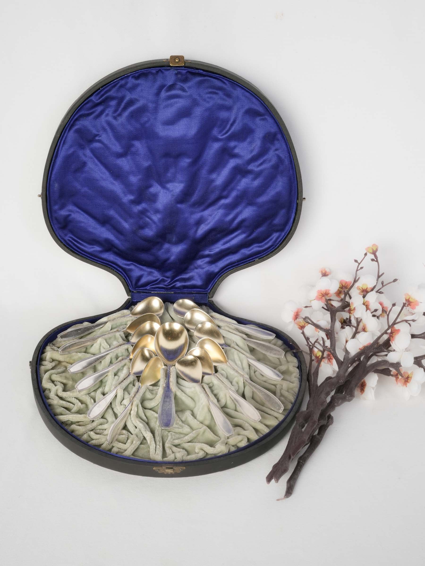 French Ice Cream Service in Striking Sapphire-Blue Shell-Shaped Case, Early 20th Century.