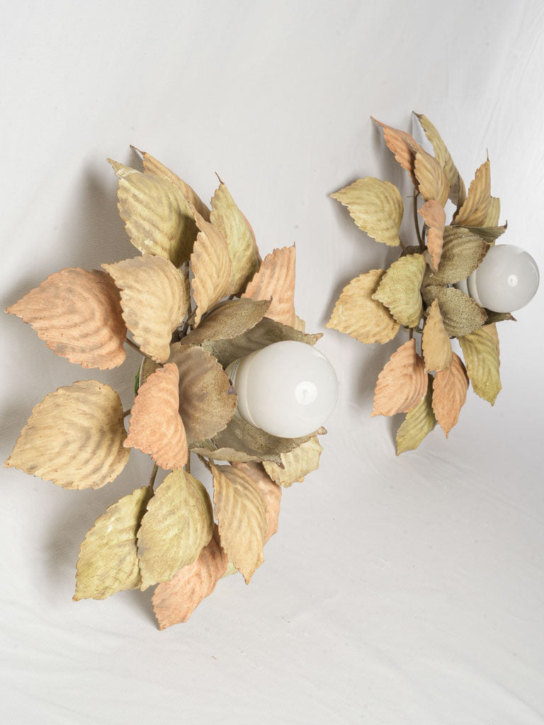 Large Pair of Painted Tole Flowerhead Flush Mounts or Wall Sconces From The 1970s - 17¾"