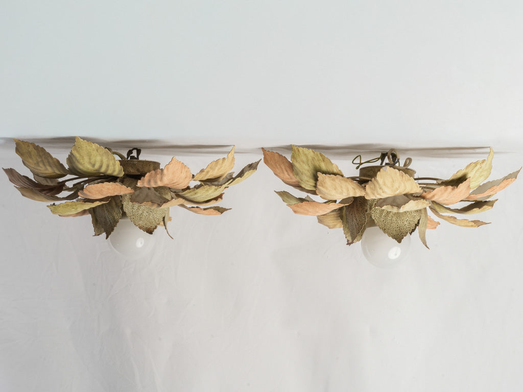 Large Pair of Painted Tole Flowerhead Flush Mounts or Wall Sconces From The 1970s - 17¾"