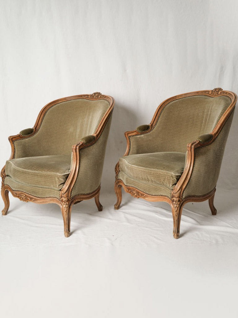 Pair of Louis XV Style Bergère Armchairs in Moss Green Velvet - 32¼"